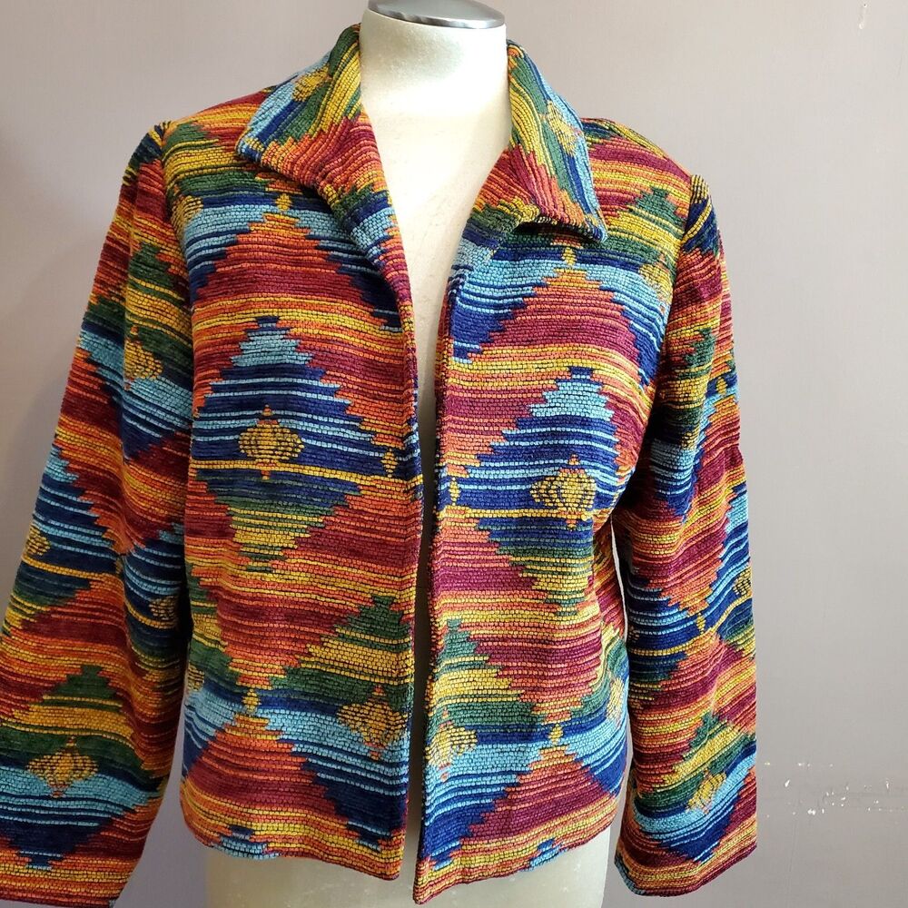 Christina Hope Jacket Size LP Southwestern Tapestry Pueblo Orange Blue Gold Open